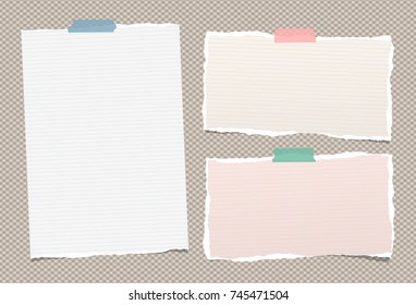 Ripped paper strips, notebook sheets for note or message stuck with sticky tape on squared brown background