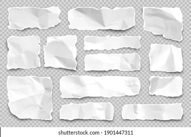 Ripped paper strips on transparent background. Realistic crumpled paper scraps with torn edges. Shreds of notebook pages. Vector illustration.