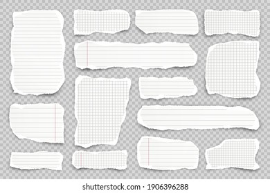 Ripped paper strips on transparent background. Realistic crumpled paper scraps with torn edges. Lined shreds of notebook pages. Vector illustration.