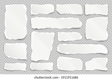 Ripped paper strips on transparent background. Realistic crumpled paper scraps with torn edges. Shreds of notebook pages. Vector illustration.