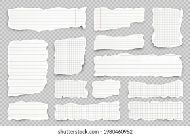 Ripped paper strips on transparent background. Realistic crumpled paper scraps with torn edges. Lined shreds of notebook pages. Vector illustration.