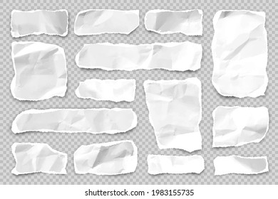 Ripped paper strips on transparent background. Realistic crumpled paper scraps with torn edges. Shreds of notebook pages. Vector illustration.