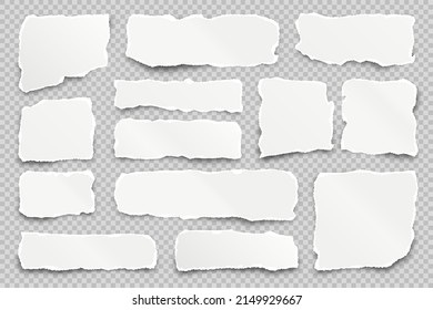 Tiras de papel despojadas sobre fondo transparente. Vertederos de papel desmenuzados y realistas con bordes rotos. Rodamientos de páginas de cuadernos. Ilustración vectorial.