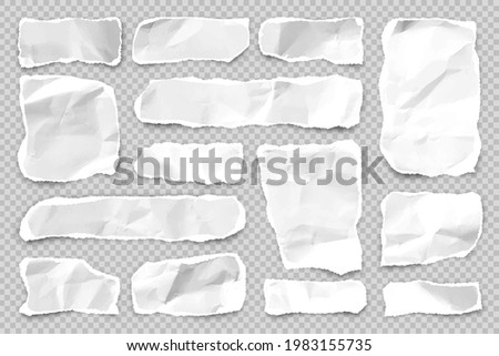 Ripped paper strips on transparent background. Realistic crumpled paper scraps with torn edges. Shreds of notebook pages. Vector illustration.