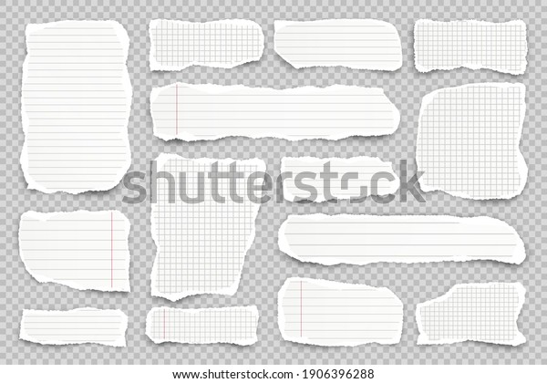 Ripped paper strips on transparent\
background. Realistic crumpled paper scraps with torn edges. Lined\
shreds of notebook pages. Vector\
illustration.