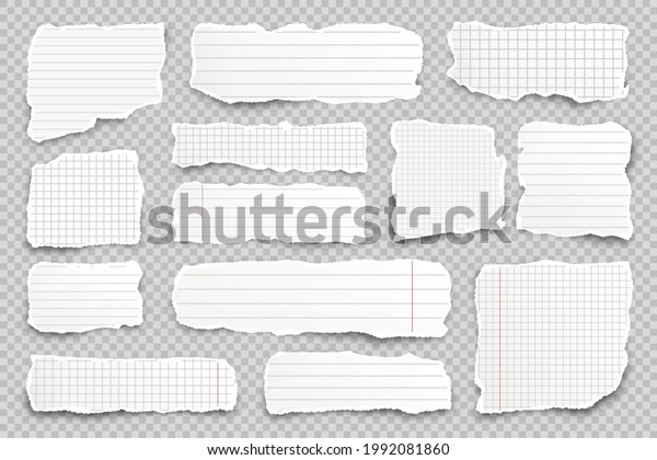 Ripped paper strips on transparent\
background. Realistic crumpled paper scraps with torn edges. Lined\
shreds of notebook pages. Vector\
illustration.