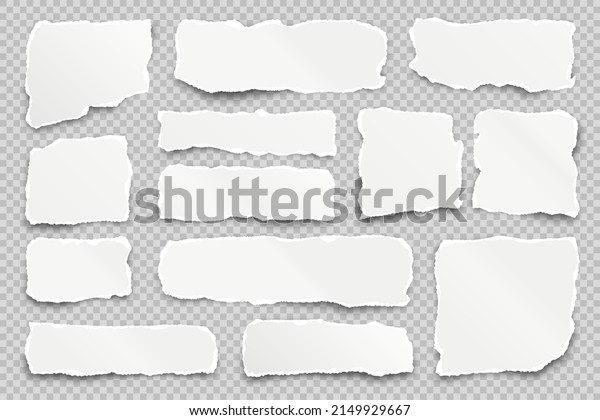 Ripped paper strips on transparent\
background. Realistic crumpled paper scraps with torn edges. Shreds\
of notebook pages. Vector\
illustration.