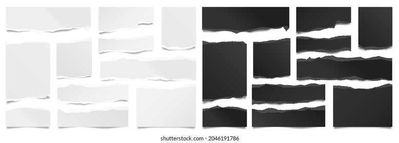 Ripped paper strips. Realistic black and white paper scraps with torn edges. Sticky notes, shreds of notebook pages. Vector illustration.