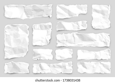 Ripped paper strips. Realistic crumpled scraps with paper texture and torn edges. Shreds of notebook pages. Vector illustration.