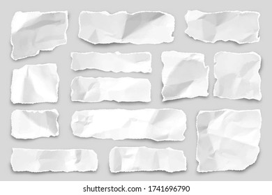 Ripped paper strips. Realistic crumpled scraps with paper texture and torn edges. Shreds of notebook pages. Vector illustration.