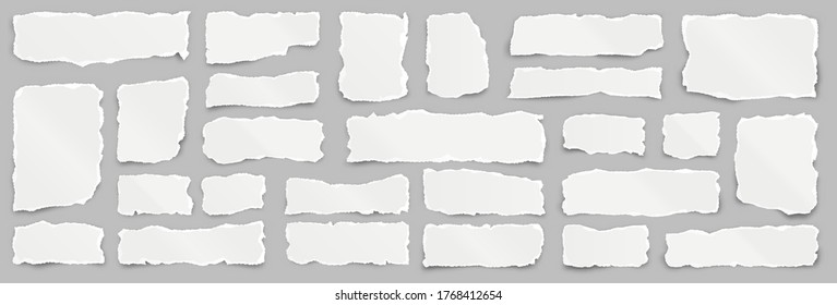 Ripped paper strips. Realistic crumpled paper scraps with torn edges. Shreds of notebook pages. Vector illustration.