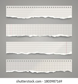 Ripped paper strips. Realistic crumpled paper scraps with torn edges. Lined shreds of notebook pages. Vector illustration.