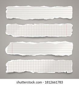 Ripped paper strips. Realistic crumpled paper scraps with torn edges. Lined shreds of notebook pages. Vector illustration.