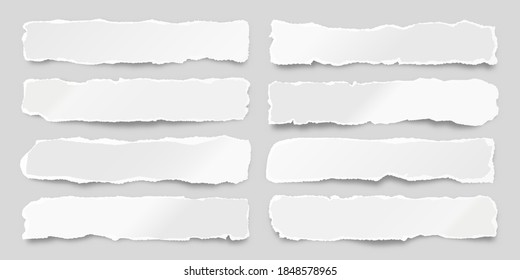 Ripped paper strips. Realistic crumpled paper scraps with torn edges. Shreds of notebook pages. Vector illustration.