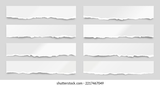 Ripped paper strips. Realistic crumpled paper scraps with torn edges. Shreds of notebook pages. Vector illustration.