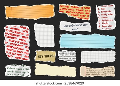 Ripped paper strips. Realistic crumpled paper scraps with torn edges. Shreds of notebook, book or old newspaper pages. Trendy collage elements. Vector illustration.