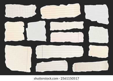 Ripped paper strips. Realistic crumpled paper scraps with torn edges. Shreds of notebook, book or old newspaper pages. Trendy collage elements. Vector illustration