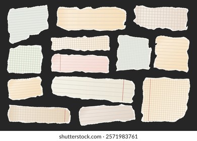 Ripped paper strips. Realistic crumpled paper scraps with torn edges. Shreds of notebook, book or old newspaper pages. Trendy collage elements. Vector illustration