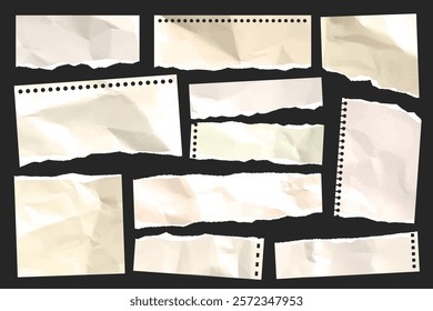 Ripped paper strips. Realistic crumpled paper scraps with torn edges. Shreds of notebook, book or old newspaper pages. Trendy collage elements. Vector illustration