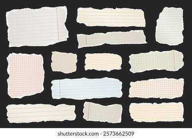 Ripped paper strips. Realistic crumpled paper scraps with torn edges. Shreds of notebook, book or old newspaper pages. Trendy collage elements. Vector illustration