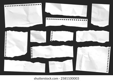 Ripped paper strips. Realistic crumpled paper scraps with torn edges. Shreds of notebook, book or old newspaper pages. Trendy collage elements. Vector illustration