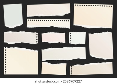 Ripped paper strips. Realistic crumpled paper scraps with torn edges. Shreds of notebook, book or old newspaper pages. Trendy collage elements. Vector illustration