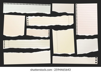 Ripped paper strips. Realistic crumpled paper scraps with torn edges. Shreds of notebook, book or old newspaper pages. Trendy collage elements. Vector illustration