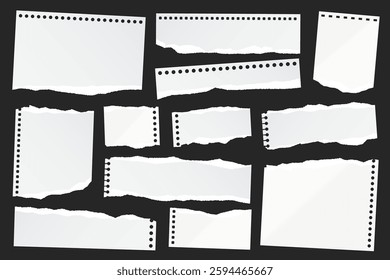 Ripped paper strips. Realistic crumpled paper scraps with torn edges. Shreds of notebook, book or old newspaper pages. Trendy collage elements. Vector illustration