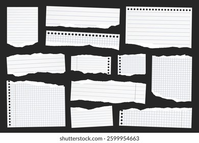 Ripped paper strips. Realistic crumpled paper scraps with torn edges. Shreds of notebook, book or old newspaper pages. Trendy collage elements. Vector illustration