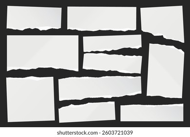 Ripped paper strips. Realistic crumpled paper scraps with torn edges. Shreds of notebook, book or old newspaper pages. Trendy collage elements. Vector illustration