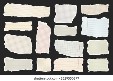 Ripped paper strips. Realistic crumpled paper scraps with torn edges. Shreds of notebook, book or old newspaper pages. Trendy collage elements. Vector illustration