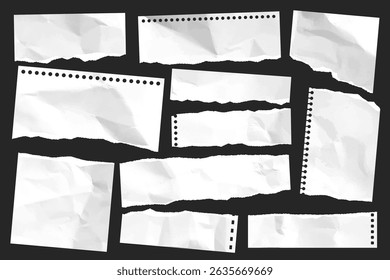 Ripped paper strips. Realistic crumpled paper scraps with torn edges. Shreds of notebook, book or old newspaper pages. Trendy collage elements. Vector illustration