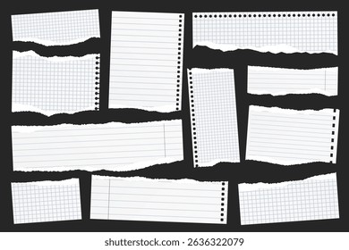 Ripped paper strips. Realistic crumpled paper scraps with torn edges. Shreds of notebook, book or old newspaper pages. Trendy collage elements. Vector illustration