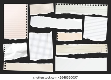 Ripped paper strips. Realistic crumpled paper scraps with torn edges. Shreds of notebook, book or old newspaper pages. Trendy collage elements. Vector illustration
