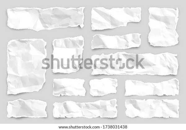 Ripped paper strips. Realistic crumpled\
scraps with paper texture and torn edges. Shreds of notebook pages.\
Vector illustration.