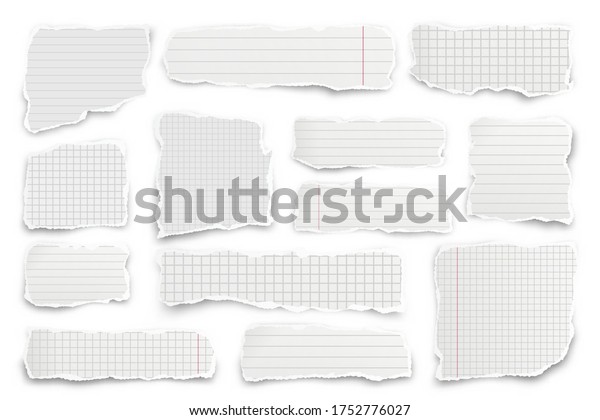 Ripped paper strips. Realistic crumpled\
paper scraps with torn edges. Lined shreds of notebook pages.\
Vector illustration.