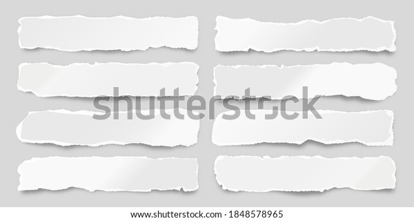 Ripped\
paper strips. Realistic crumpled paper scraps with torn edges.\
Shreds of notebook pages. Vector\
illustration.