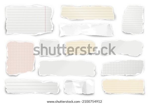 Ripped\
paper strips. Realistic crumpled paper scraps with torn edges.\
Shreds of notebook pages. Vector\
illustration.