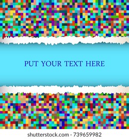 Ripped paper template with colorful mosaic on background. Geometric mosaic of squares