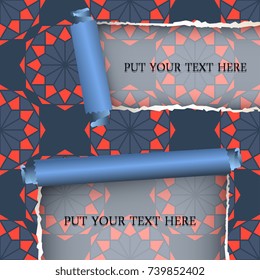 Ripped paper template with seamless geometric pattern. Vector illustration