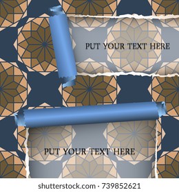 Ripped paper template with seamless geometric pattern. Vector illustration