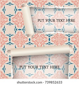 Ripped paper template with seamless pattern. Vector illustration