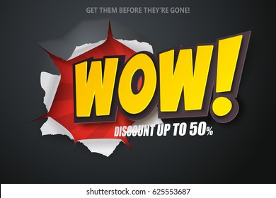 Ripped paper of wow banner. Sale and discounts, Vector art and illustration.