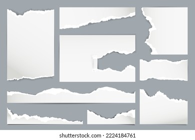 Ripped papers 3d set in realism design. Bundle of torn pages texture, ragged borders, pages with holes with rolled edges, damaged blank papers pieces isolated realistic elements. Vector illustration