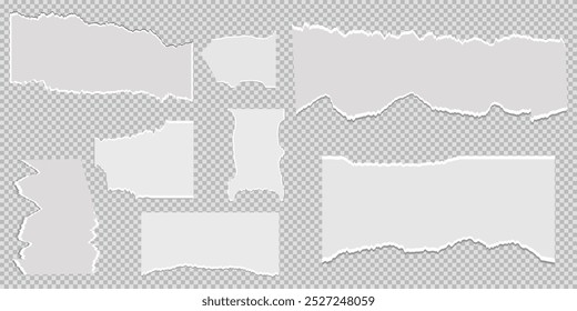 Ripped piece white paper sheets torn blank pages. Torn pages with uneven texture vectors.