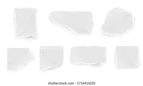 Trozos de papel despojados. Concepto de cuadernos de papel rotos limpios en diferentes lugares, en blanco sin inscripciones. En blanco, destrozado, desigual en los bordes de las formas.