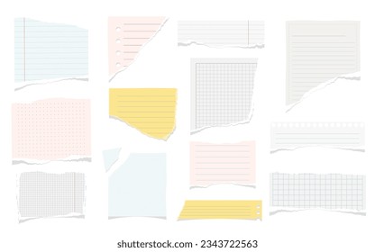 Piezas de papel extraídas de cuaderno o libro de texto, conjunto de ilustraciones vectoriales de dibujos animados planos. Papel aislado desgarrado para escribir información, memo vacío o papel adhesivo con bordes