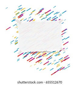 Ripped ruled note, notebook, copybook paper strip stuck on lined colorful background.