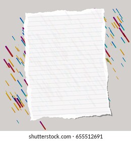 Ripped ruled note, notebook, copybook paper sheet stuck on lined colorful background.