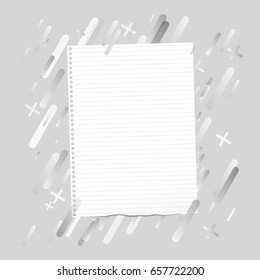 Ripped ruled note, notebook, copybook paper sheet stuck on lined gray background.